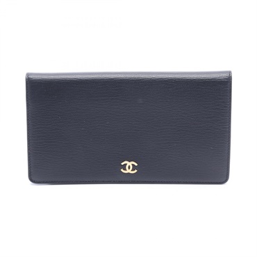 CHANEL COCO Mark Bifold long Wallet Purse leather Black GHW Used Women CC