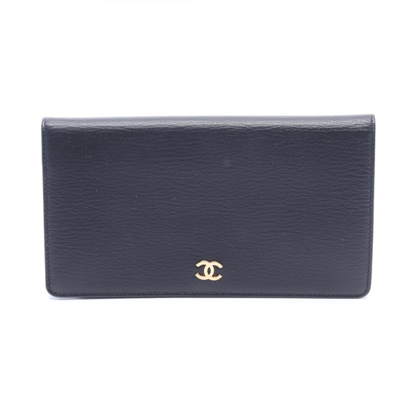 CHANEL COCO Mark Bifold long Wallet Purse leather Black GHW Used Women CC