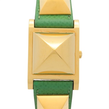 HERMES Medor Wrist Watch ME1.201 Quartz Gold Plated Leather belt Used Women