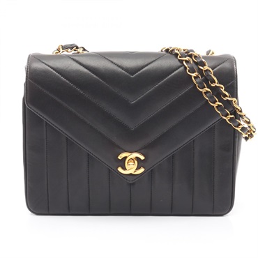CHANEL V-Stitch Chevron Chain Shoulder Bag Lambskin Black GHW Used Women