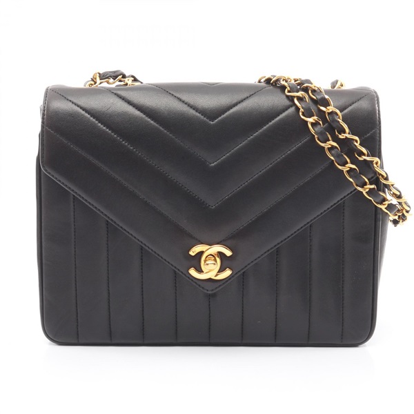 CHANEL V-Stitch Chevron Chain Shoulder Bag Lambskin Black GHW Used Women