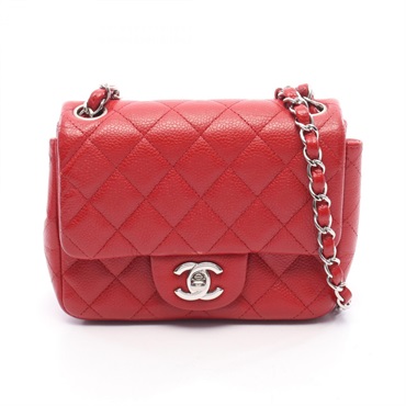 CHANEL Mini Matelasse chain crossbody Shoulder Bag Calfskin leather Red Used SHW