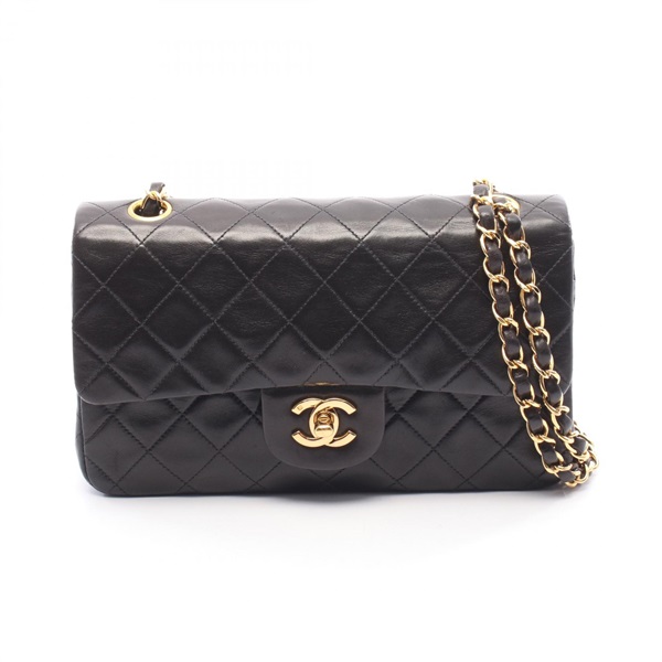 CHANEL Matelasse W flap chain Shoulder hand Bag Lambskin Black Used Women GHW