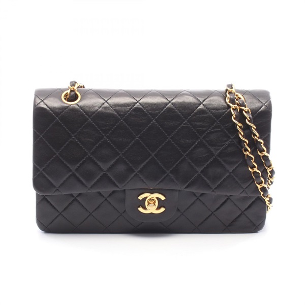 CHANEL Matelasse W flap chain Shoulder Bag Lambskin Black Used Women GHW