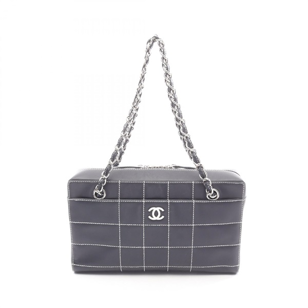 CHANEL Chocolate bar Wild stitch Chain Shoulder Bag leather Navy SHW Used Women