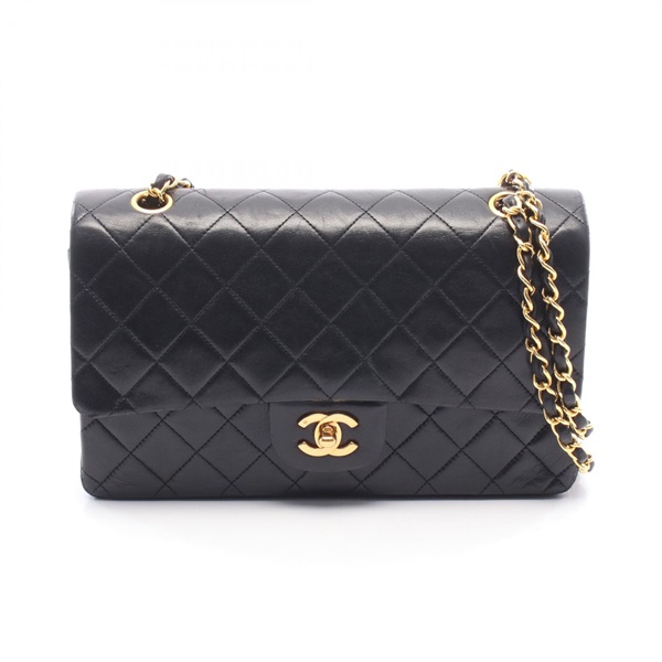 CHANEL Matelasse W flap chain Shoulder Bag Lambskin Black Used Women GHW