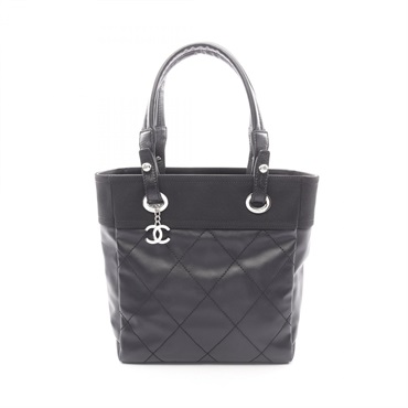 CHANEL Paris Biarritz PM Tote Shoulder Bag A34208 canvas leather Black SHW Used