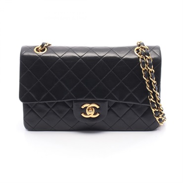 CHANEL Matelasse W flap chain Shoulder Bag A01113 Lambskin Black Used Women GHW
