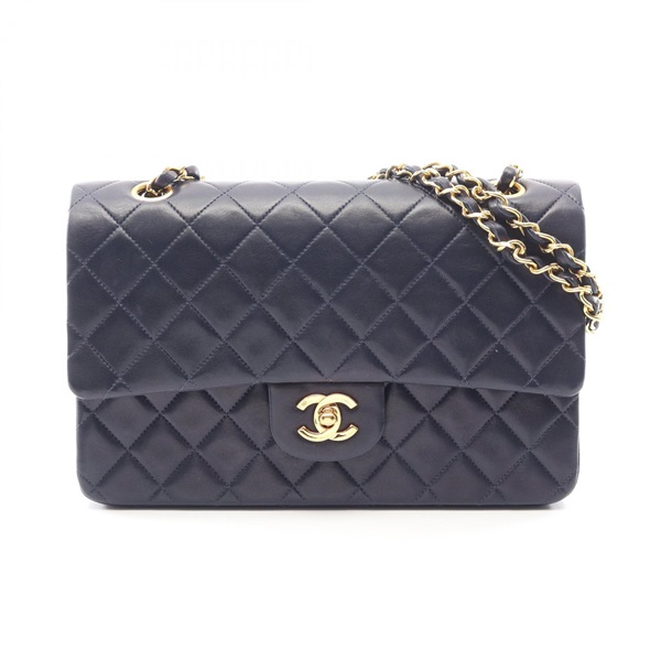 CHANEL Matelasse W flap Shoulder Bag A01112 Lamb leather Navy Used Women GHW