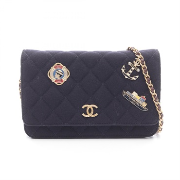 CHANEL Matelasse Marine Charm Chain Shoulder Crossbody Bag wool leather Navy GHW
