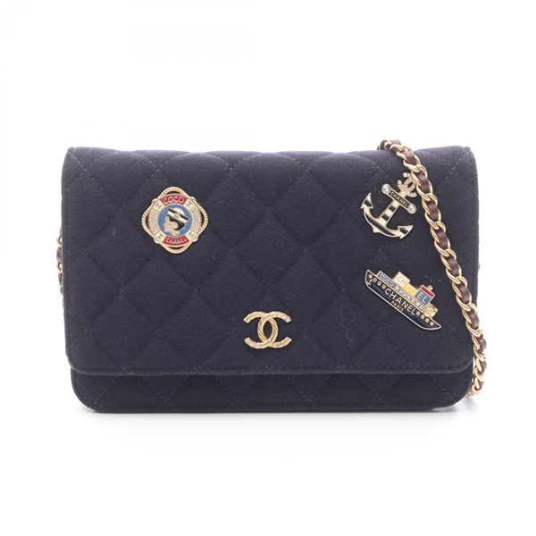 CHANEL Matelasse Marine Charm Chain Shoulder Crossbody Bag wool leather Navy GHW