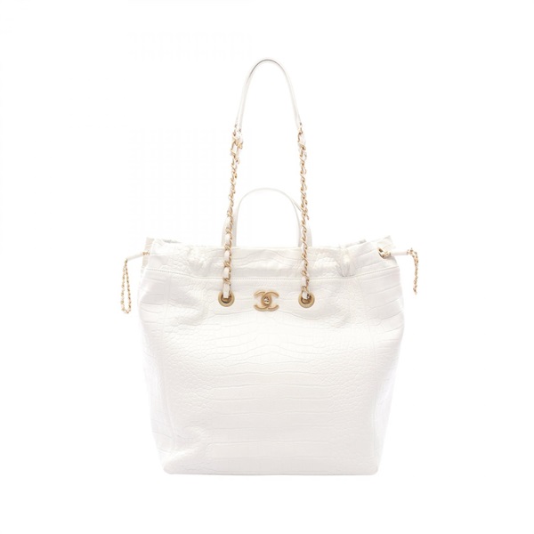 CHANEL COCO Mark Embossed 2-Way Tote Bag leather White GHW Used Women