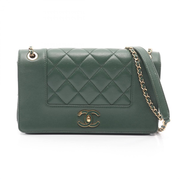 CHANEL Matelasse chain Shoulder Bag leather Green Used Women GHW