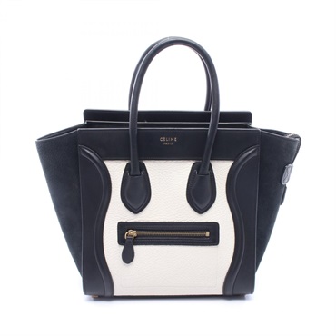 CELINE Luggage micro shopper Tote Bag 167793 leather Black White Used Women