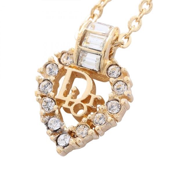 Christian Dior CD Logo Heart Necklace Pendant Gold Plated Rhinestone Used Women