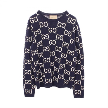GUCCI GG Wool Jacquard Crew Neck Sweater knitwear 692900 wool Navy Used size M