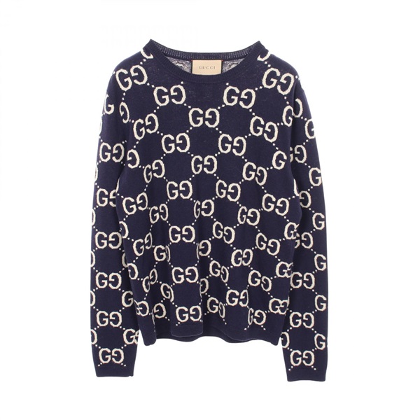 GUCCI GG Wool Jacquard Crew Neck Sweater knitwear 692900 wool Navy Used size M