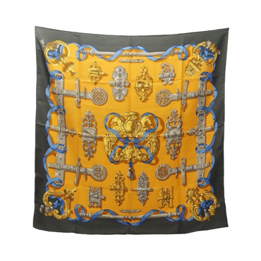 HERMES Carre90 FERRONNERIE Scarf Silk Yellow Gray Blue Used Women