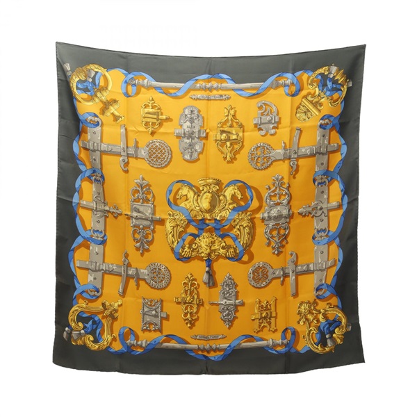 HERMES Carre90 FERRONNERIE Scarf Silk Yellow Gray Blue Used Women