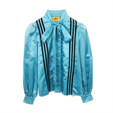 GUCCI × adidas Frill Bow Tie blouse Shirts 723279 silk Blue Black Used Women #40
