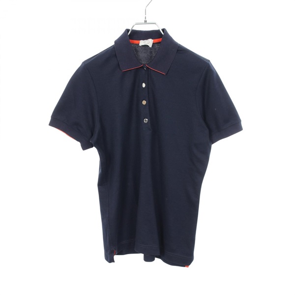 HERMES Sellier button Polo shirt #M short sleeves cotton Navy Orange Used Women