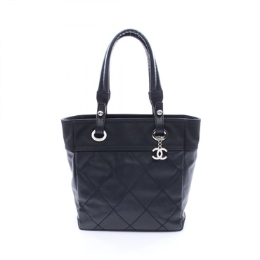 CHANEL Paris Biarritz PM Tote Bag canvas leather Black SHW Used Women CC Logo