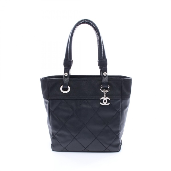 CHANEL Paris Biarritz PM Tote Bag canvas leather Black SHW Used Women CC Logo