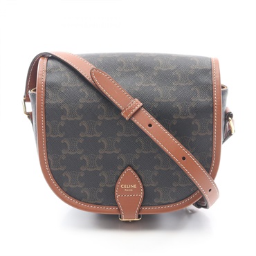 CELINE Triomphe Shoulder Crossbody Bag canvas leather Black Brown Used Women