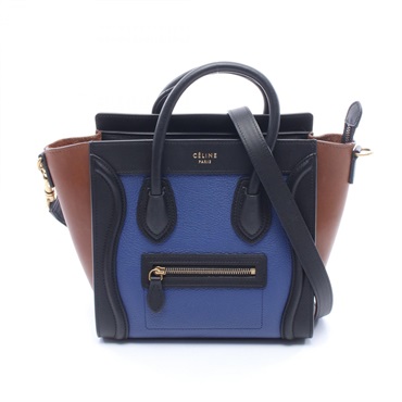 CELINE Luggage Nano Shopper Shoulder Crossbody Handbag leather Blue Black Used