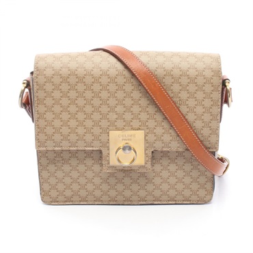 CELINE Macadam Crossbody Shoulder Bag canvas leather Beige Brown Used Women
