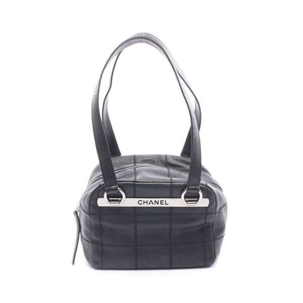 CHANEL Chocolate Bar Shoulder Handbag leather Black SHW Used Women Coco CC