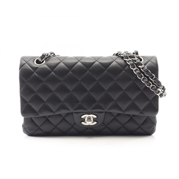 CHANEL Matelasse W flap chain Shoulder hand Bag Lambskin Black Used Women SHW