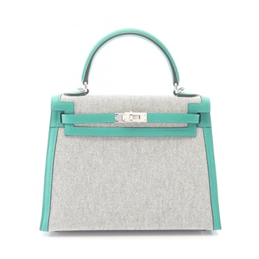 HERMES Kelly 25 Handbag Shoulder Toile H canvas Swift leather Gray Green Usef W