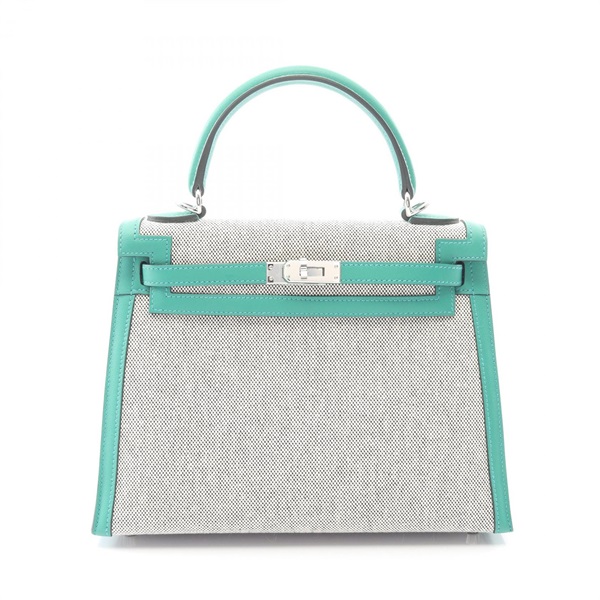 HERMES Kelly 25 Handbag Shoulder Toile H canvas Swift leather Gray Green Usef W