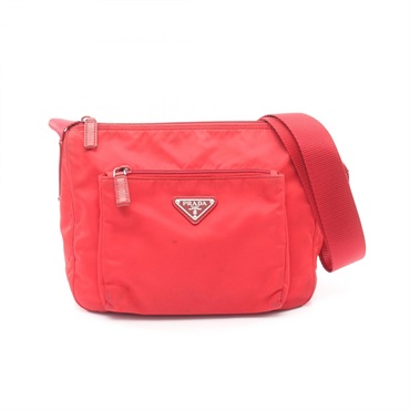 PRADA Triangle plate Crossbody Shoulder Bag Nylon Saffiano leather Red Used