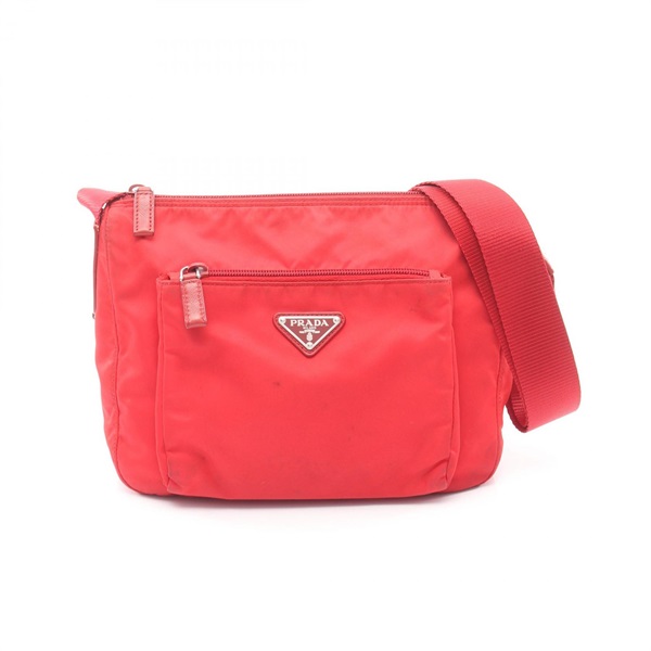 PRADA Triangle plate Crossbody Shoulder Bag Nylon Saffiano leather Red Used