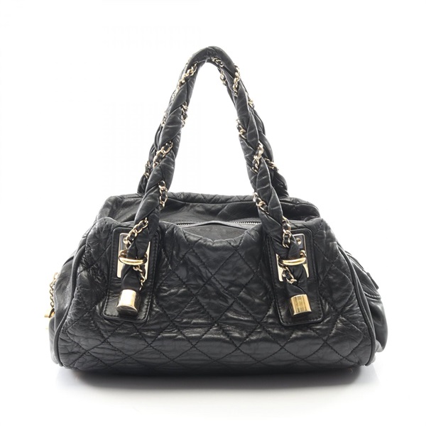 CHANEL Matelasse Tote Shoulder Handbag Lambskin Sheep leather Black GHW Used CC