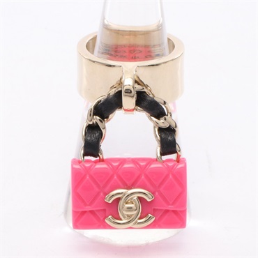 CHANEL Matelasse bag motif Ring Gold Plated Pink Black Used Women US size 6