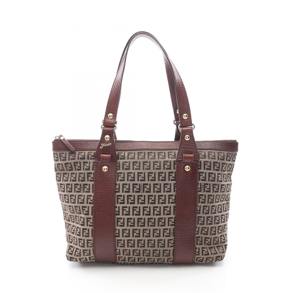 FENDI Zucchino Tote Bag canvas leather Beige Brown Used Women