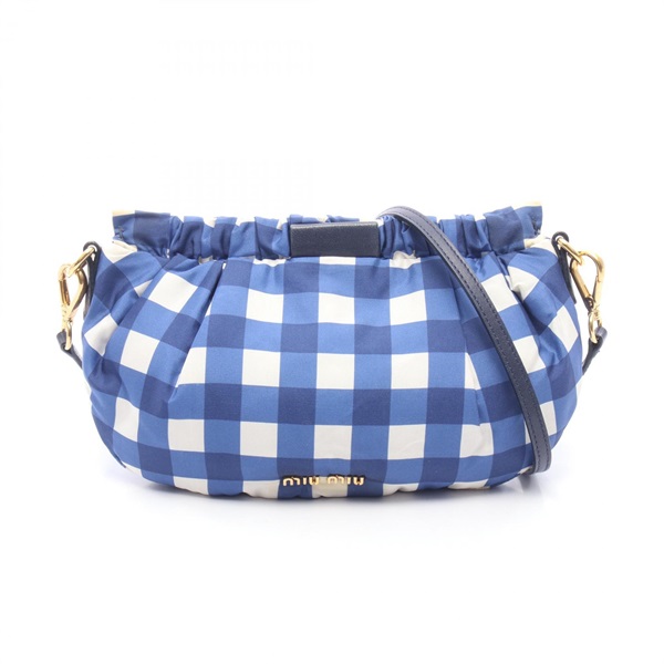 Miu Miu Gingham check Crossbody Shoulder Bag silk leather Blue White Used Women
