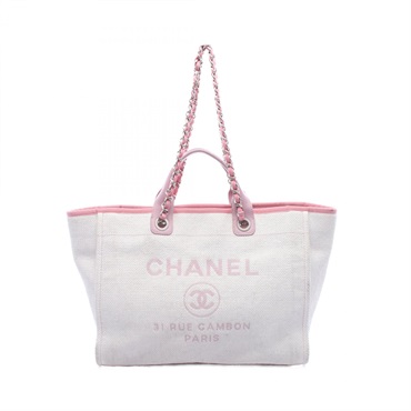 CHANEL Deauville GM Shopping Chain Tote Shoulder Handbag Canvas White SHW Used