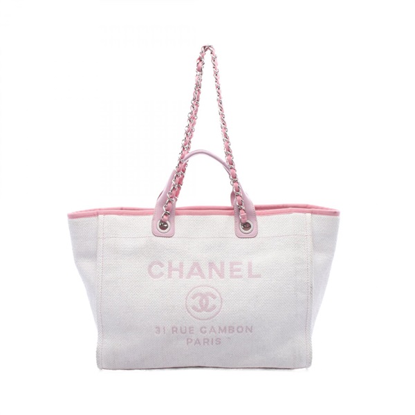 CHANEL Deauville GM Shopping Chain Tote Shoulder Handbag Canvas White SHW Used
