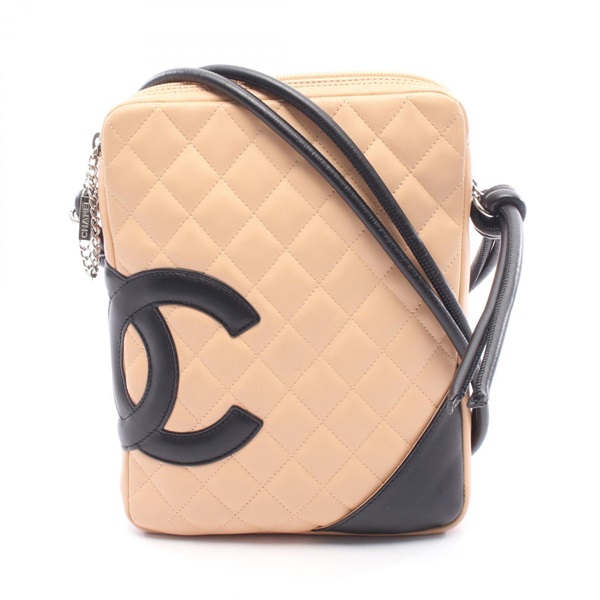 CHANEL Cambon line Shoulder Crossbody Bag leather Beige Black Used Women Coco CC