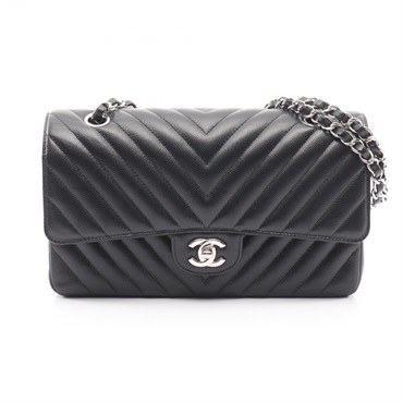 CHANEL Chevron V-stitch W-flap chain Shoulder Bag Grained Calfskin leather Black