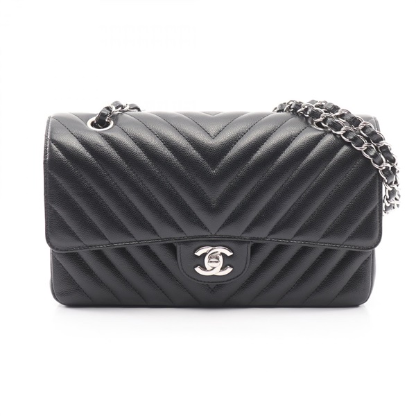 CHANEL Chevron V-stitch W-flap chain Shoulder Bag Grained Calfskin leather Black