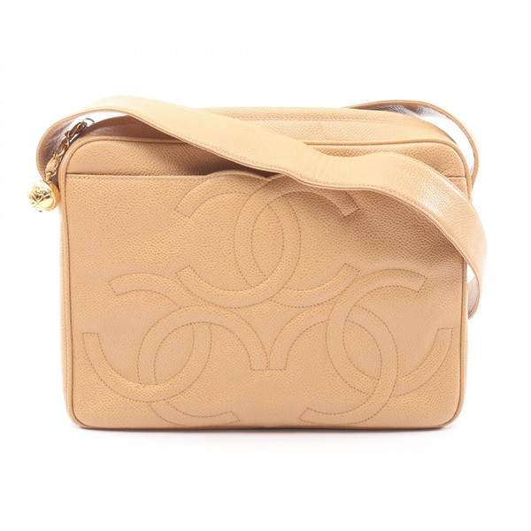 CHANEL Triple COCO Mark Shoulder Bag Grained Calfskin leather Beige Used GHW