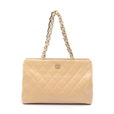 CHANEL Matelasse Plastic Chain Tote Bag Lamb sheep leather Beige Black Used GHW