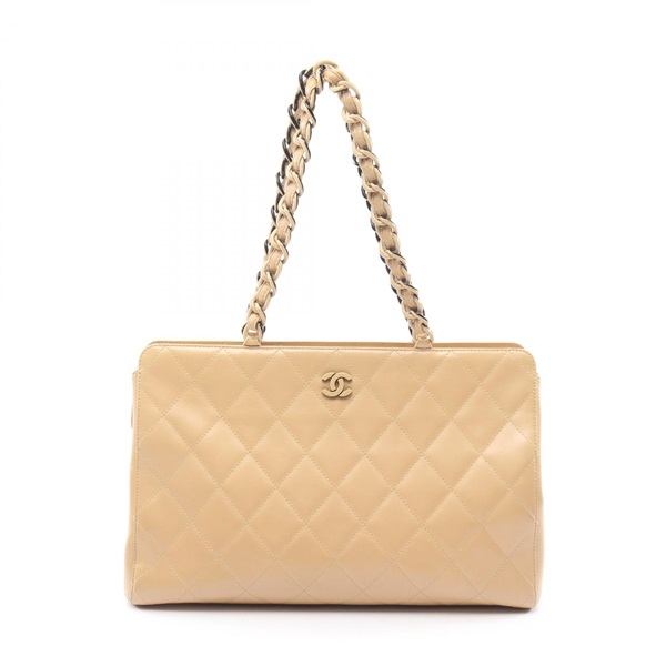 CHANEL Matelasse Plastic Chain Tote Bag Lamb sheep leather Beige Black Used GHW