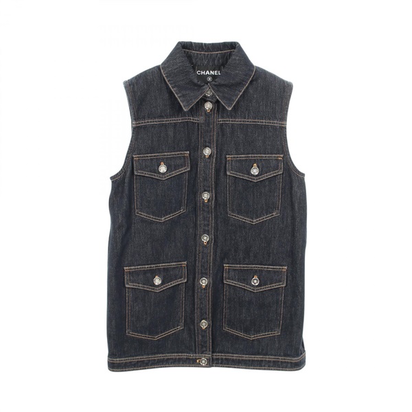 CHANEL COCO Mark Button Denim Vest P78764V71012 cotton Navy Used Women size 38