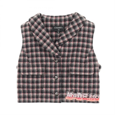 CHANEL patch logo Vest P71277V62646 wool Black Pink Gray Used Women size 36